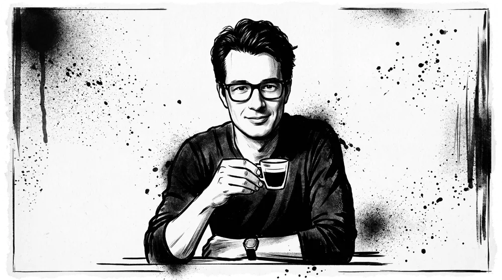 Ink drawing of Severin at a table, holding an espresso cup